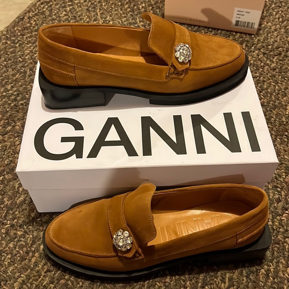 Ganni Brown Loafers with Crystal Detail
